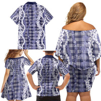 Hawaiian Ohia Lehua Lei Family Matching Off Shoulder Short Dress and Hawaiian Shirt Plaid Palaka Uliuli hohonu Pattern - Polynesian Pride