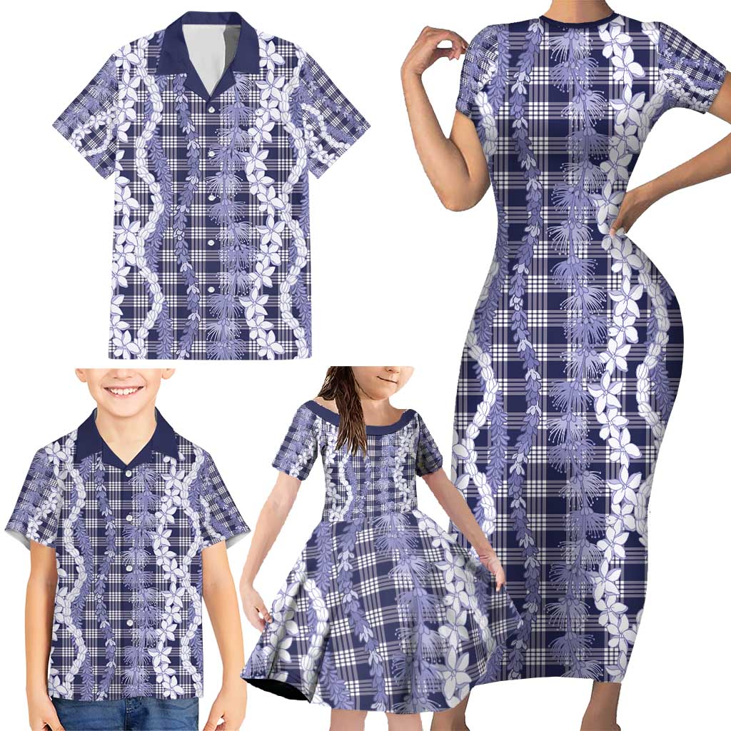 Hawaiian Ohia Lehua Lei Family Matching Short Sleeve Bodycon Dress and Hawaiian Shirt Plaid Palaka Uliuli hohonu Pattern - Polynesian Pride