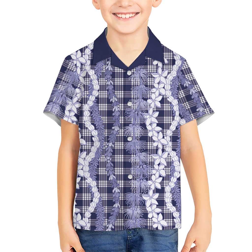 Hawaiian Ohia Lehua Lei Kid Hawaiian Shirt Plaid Palaka Uliuli hohonu Pattern LT9 Kid Navy - Polynesian Pride