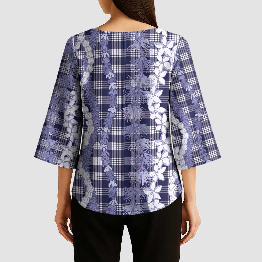 Hawaiian Ohia Lehua Lei Kimono Sleeve Blouse Plaid Palaka Uliuli hohonu Pattern LT9 - Polynesian Pride
