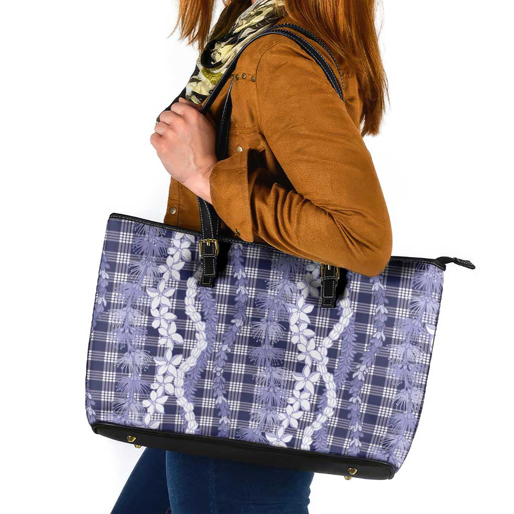 Hawaiian Ohia Lehua Lei Leather Tote Bag Plaid Palaka Uliuli hohonu Pattern LT9 Navy - Polynesian Pride