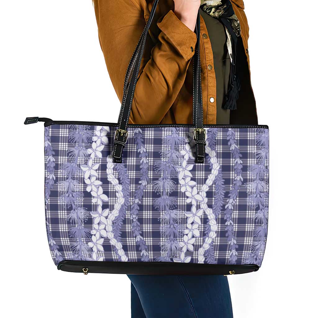 Hawaiian Ohia Lehua Lei Leather Tote Bag Plaid Palaka Uliuli hohonu Pattern LT9 - Polynesian Pride