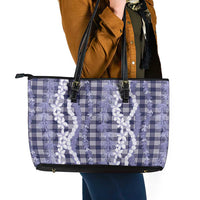 Hawaiian Ohia Lehua Lei Leather Tote Bag Plaid Palaka Uliuli hohonu Pattern LT9 - Polynesian Pride