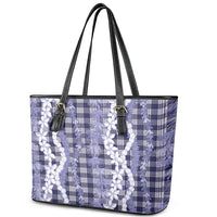 Hawaiian Ohia Lehua Lei Leather Tote Bag Plaid Palaka Uliuli hohonu Pattern LT9 - Polynesian Pride