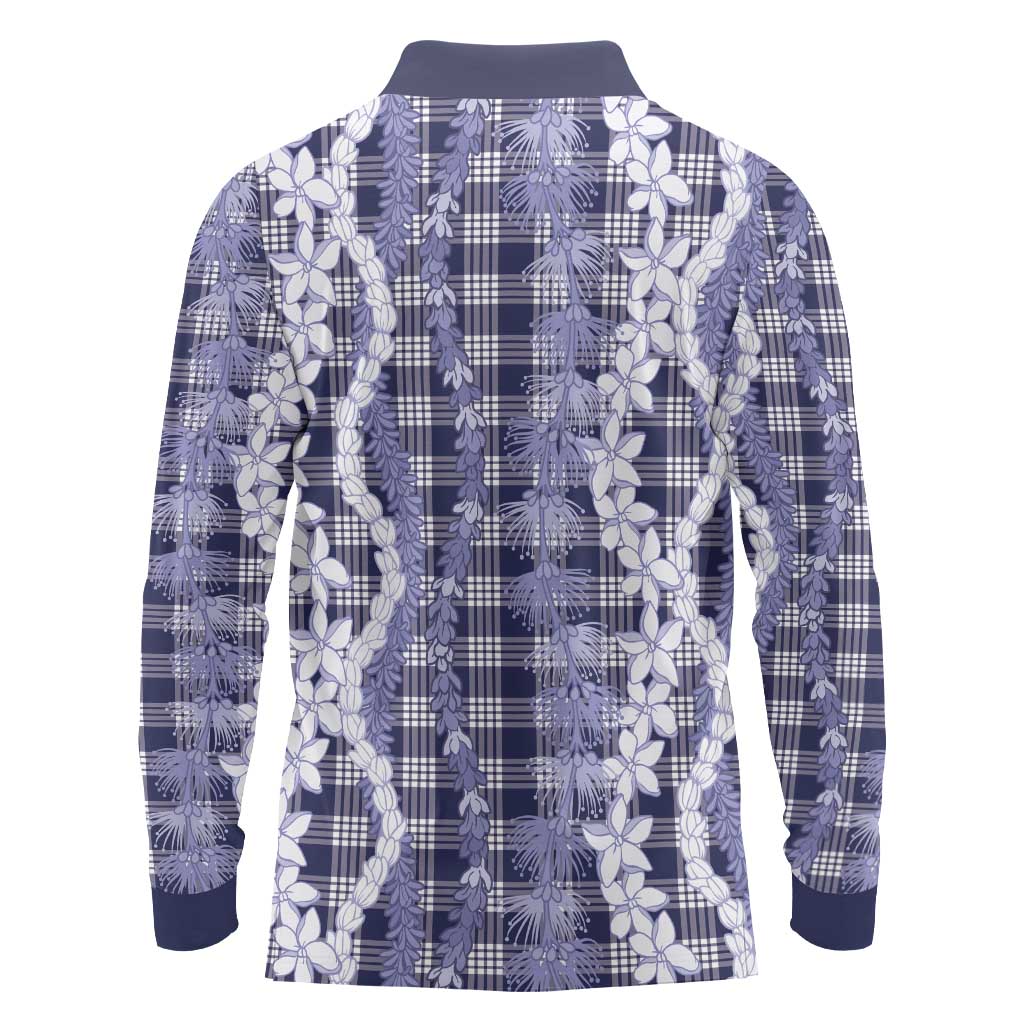 Hawaiian Ohia Lehua Lei Long Sleeve Polo Shirt Plaid Palaka Uliuli hohonu Pattern - Polynesian Pride