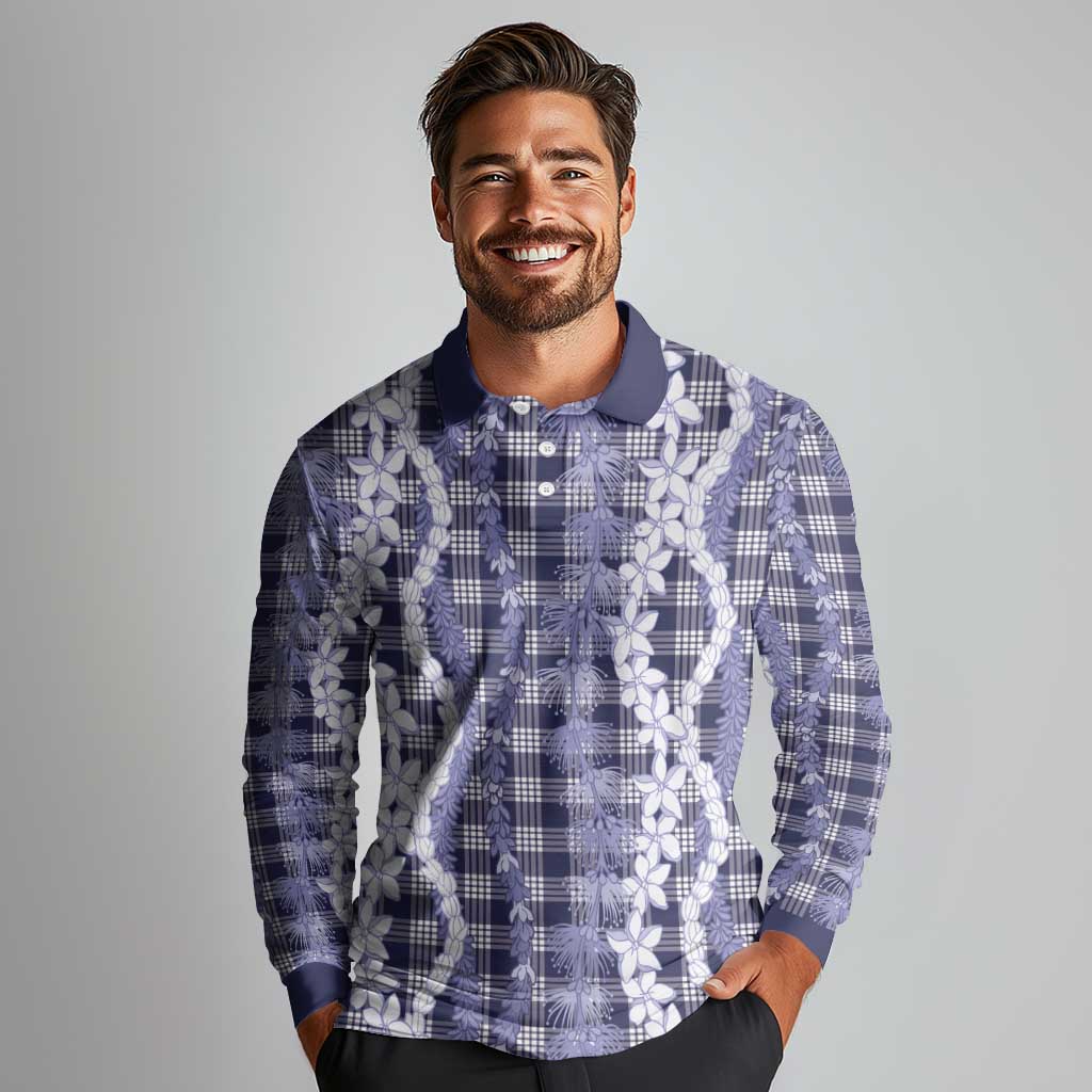 Hawaiian Ohia Lehua Lei Long Sleeve Polo Shirt Plaid Palaka Uliuli hohonu Pattern - Polynesian Pride