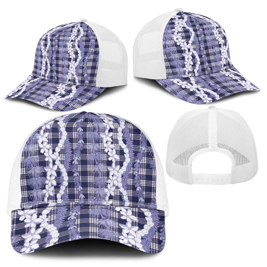 Hawaiian Ohia Lehua Lei Mesh Trucker Cap Plaid Palaka Uliuli hohonu Pattern - Polynesian Pride