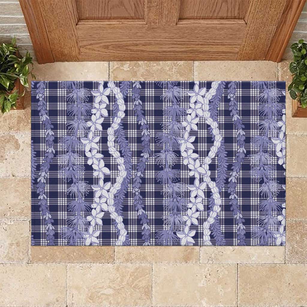 Hawaiian Ohia Lehua Lei Rubber Doormat Plaid Palaka Uliuli hohonu Pattern LT9 Navy - Polynesian Pride