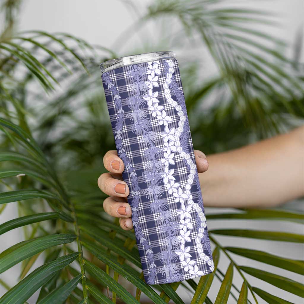 Hawaiian Ohia Lehua Lei Skinny Tumbler Plaid Palaka Uliuli hohonu Pattern - Polynesian Pride