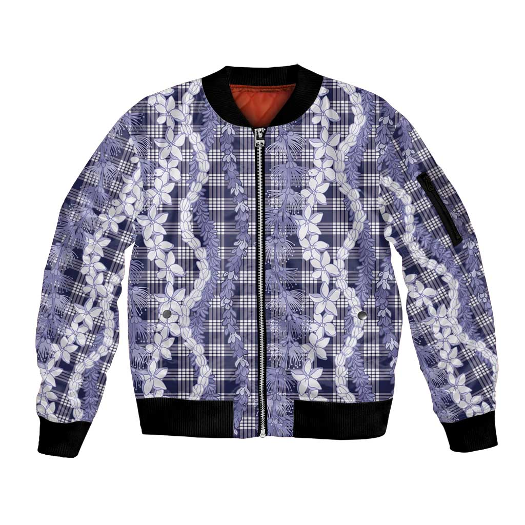 Hawaiian Ohia Lehua Lei Sleeve Zip Bomber Jacket Plaid Palaka Uliuli hohonu Pattern LT9 Unisex Navy - Polynesian Pride