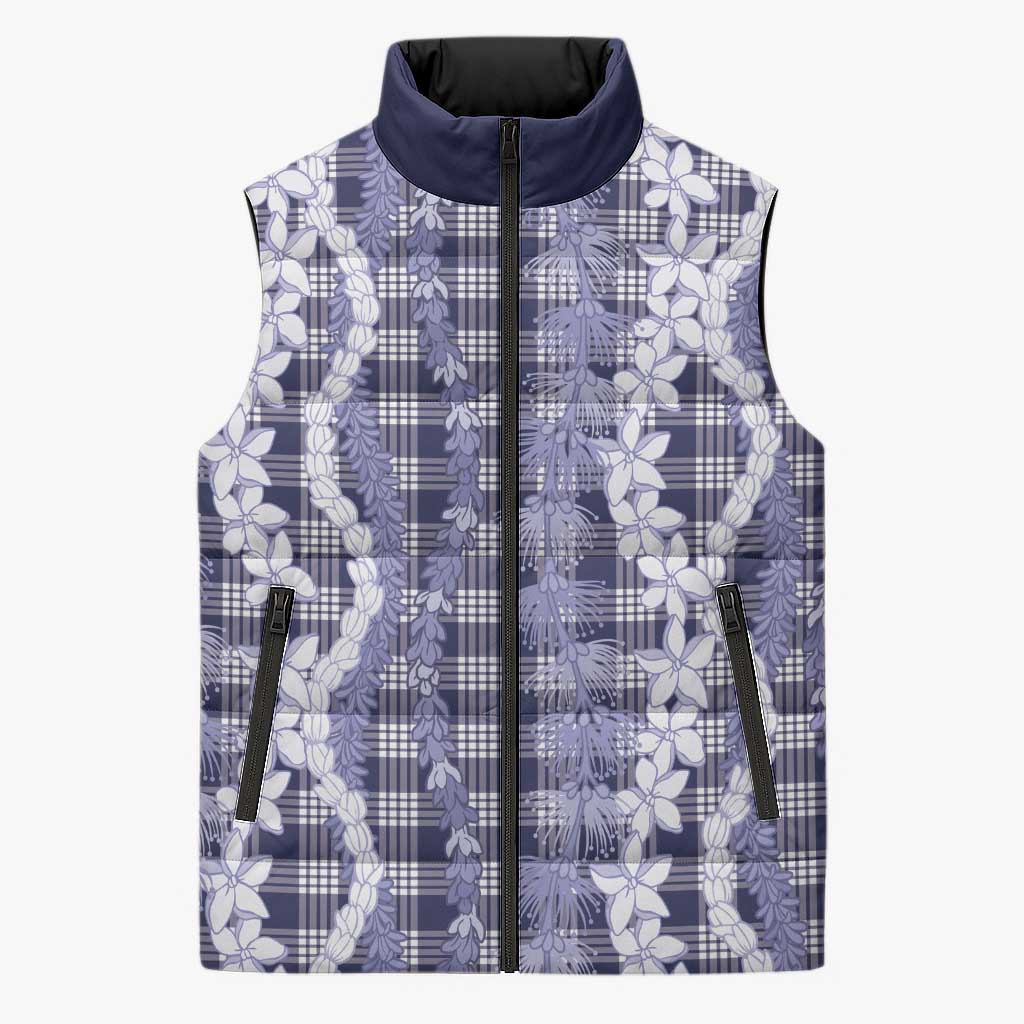 Hawaiian Ohia Lehua Lei Sleeveless Puffer Jacket Plaid Palaka Uliuli hohonu Pattern LT9 Unisex Navy - Polynesian Pride