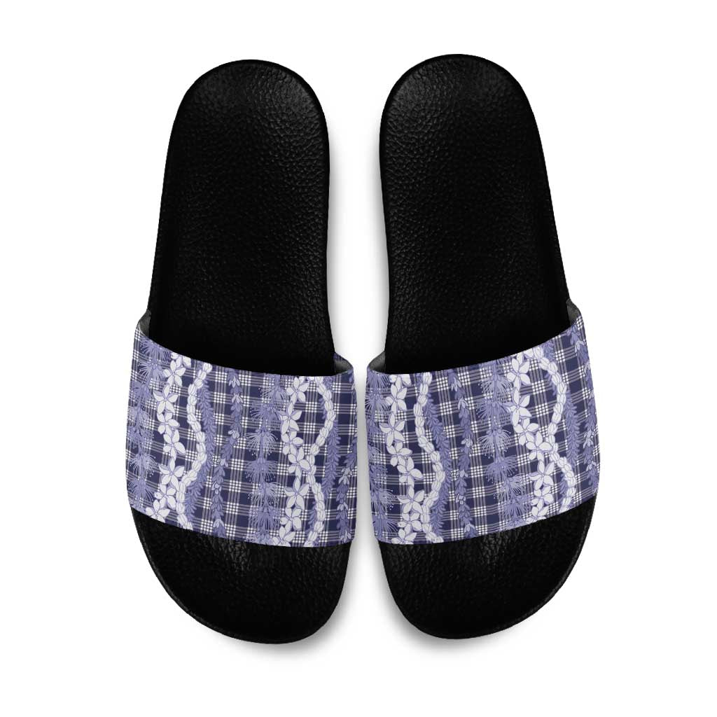 Hawaiian Ohia Lehua Lei Slide Sandals Plaid Palaka Uliuli hohonu Pattern LT9 Navy - Polynesian Pride