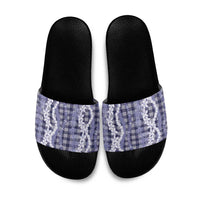 Hawaiian Ohia Lehua Lei Slide Sandals Plaid Palaka Uliuli hohonu Pattern LT9 Navy - Polynesian Pride
