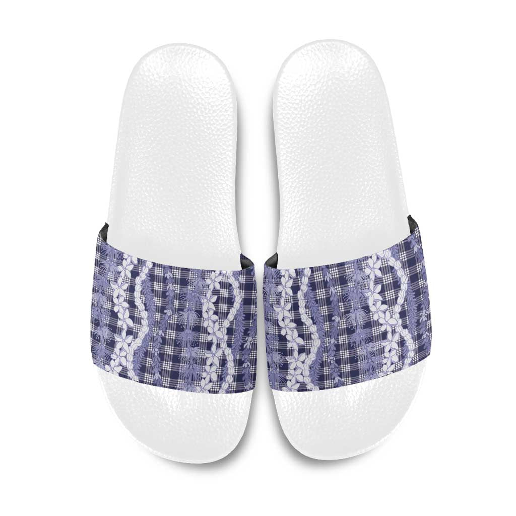 Hawaiian Ohia Lehua Lei Slide Sandals Plaid Palaka Uliuli hohonu Pattern LT9 Navy - Polynesian Pride