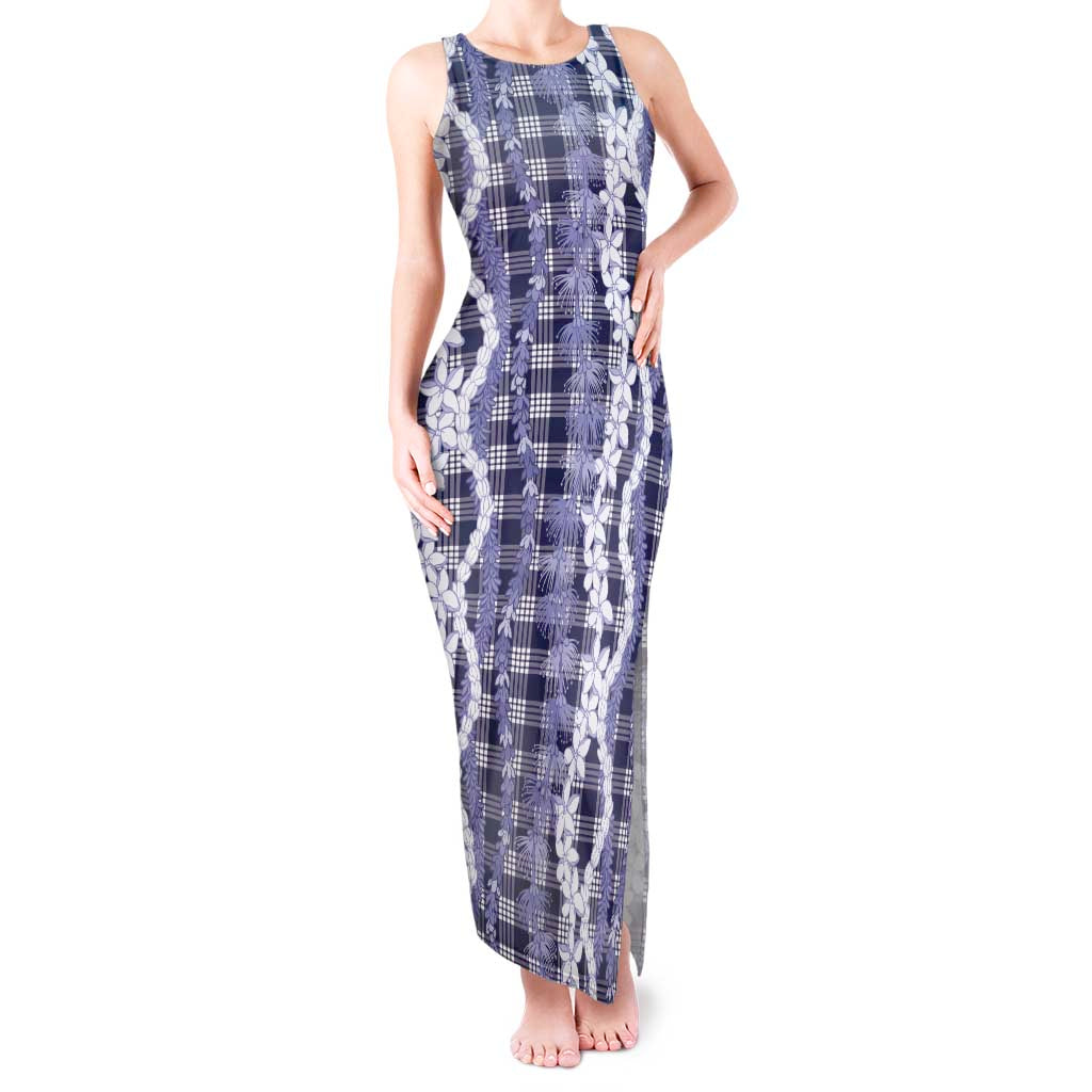 Hawaiian Ohia Lehua Lei Tank Maxi Dress Plaid Palaka Uliuli hohonu Pattern LT9 Women Navy - Polynesian Pride