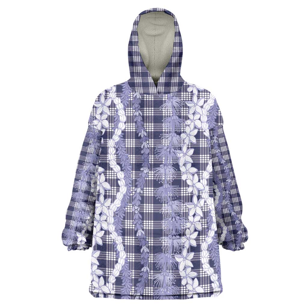 Hawaiian Ohia Lehua Lei Wearable Blanket Hoodie Plaid Palaka Uliuli hohonu Pattern LT9 One Size Navy - Polynesian Pride