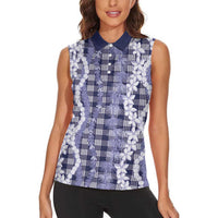 Hawaiian Ohia Lehua Lei Women Sleeveless Polo Shirt Plaid Palaka Uliuli hohonu Pattern - Polynesian Pride