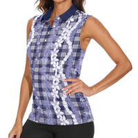 Hawaiian Ohia Lehua Lei Women Sleeveless Polo Shirt Plaid Palaka Uliuli hohonu Pattern - Polynesian Pride