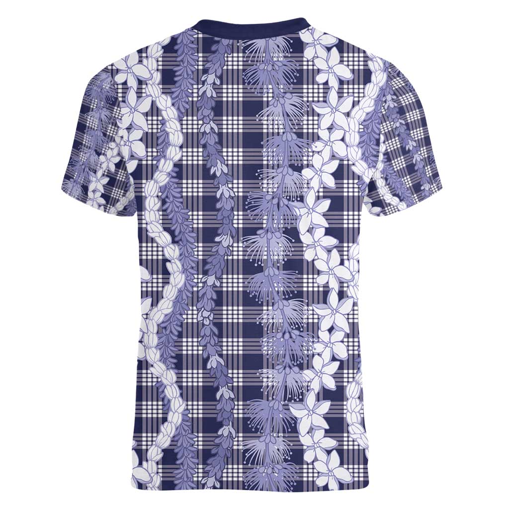 Hawaiian Ohia Lehua Lei Women V-Neck T-Shirt Plaid Palaka Uliuli hohonu Pattern - Polynesian Pride