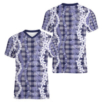 Hawaiian Ohia Lehua Lei Women V-Neck T-Shirt Plaid Palaka Uliuli hohonu Pattern - Polynesian Pride
