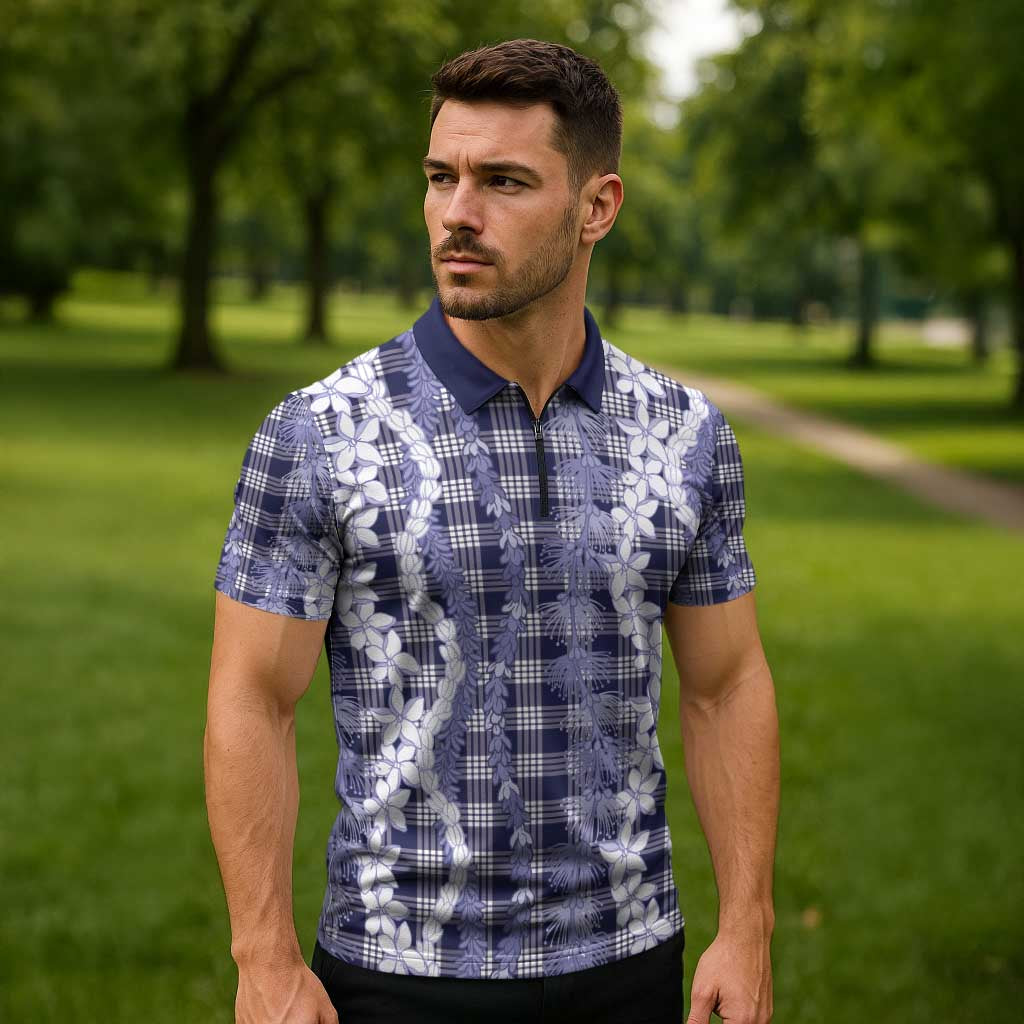 Hawaiian Ohia Lehua Lei Zipper Polo Shirt Plaid Palaka Uliuli hohonu Pattern - Polynesian Pride