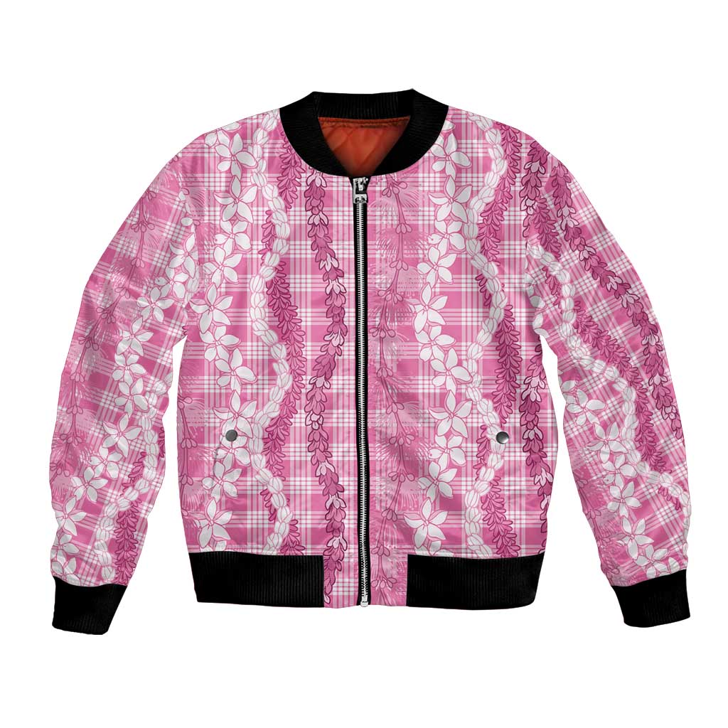 Hawaiian Ohia Lehua Lei Bomber Jacket Plaid Palaka Akala Pattern LT9 Unisex Pink - Polynesian Pride
