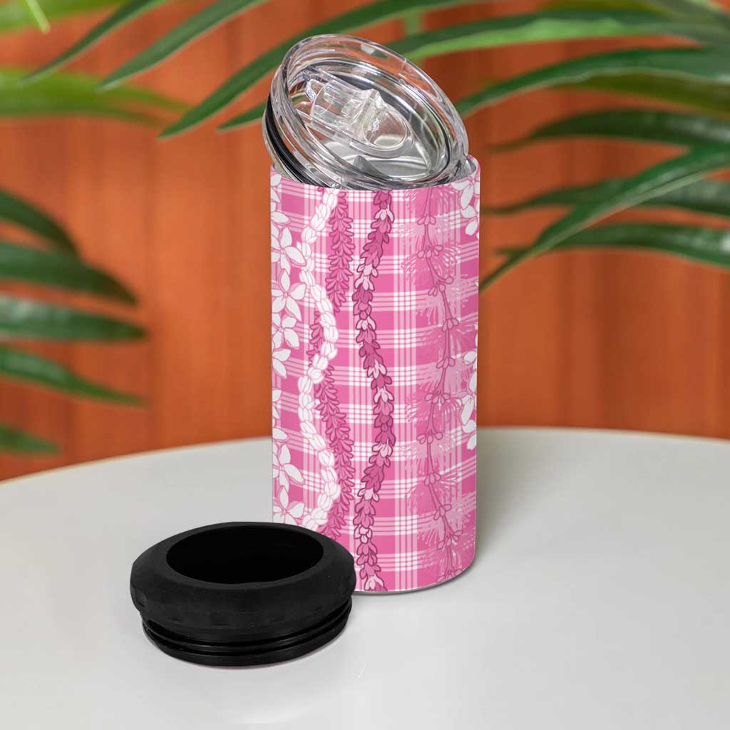 Hawaiian Ohia Lehua Lei 4 in 1 Can Cooler Tumbler Plaid Palaka Akala Pattern - Polynesian Pride