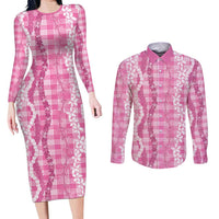 Hawaiian Ohia Lehua Lei Couples Matching Long Sleeve Bodycon Dress and Long Sleeve Button Shirt Plaid Palaka Akala Pattern - Polynesian Pride