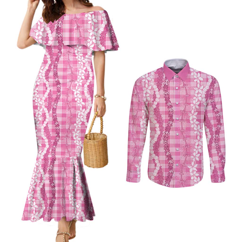 Hawaiian Ohia Lehua Lei Couples Matching Mermaid Dress and Long Sleeve Button Shirt Plaid Palaka Akala Pattern - Polynesian Pride