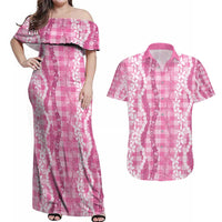 Hawaiian Ohia Lehua Lei Couples Matching Off Shoulder Maxi Dress and Hawaiian Shirt Plaid Palaka Akala Pattern - Polynesian Pride
