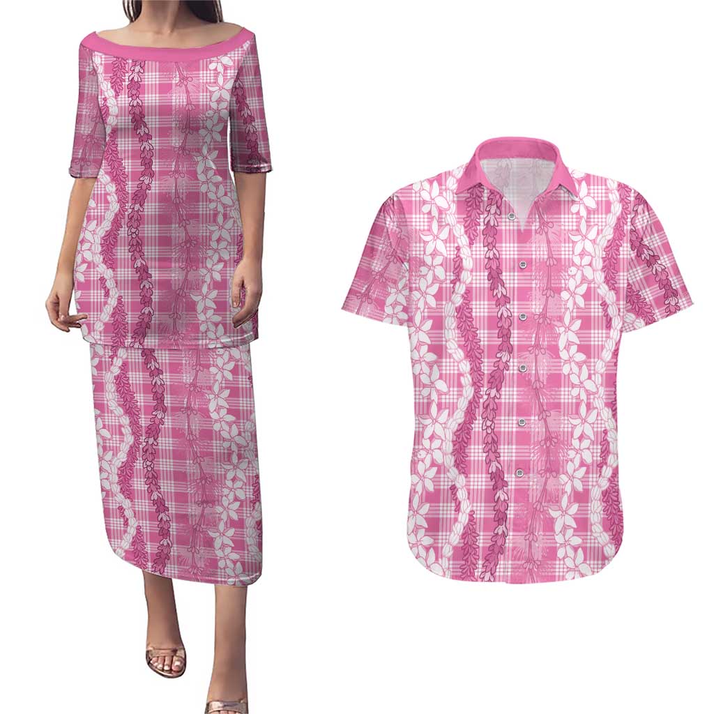 Hawaiian Ohia Lehua Lei Couples Matching Puletasi and Hawaiian Shirt Plaid Palaka Akala Pattern LT9 Pink - Polynesian Pride