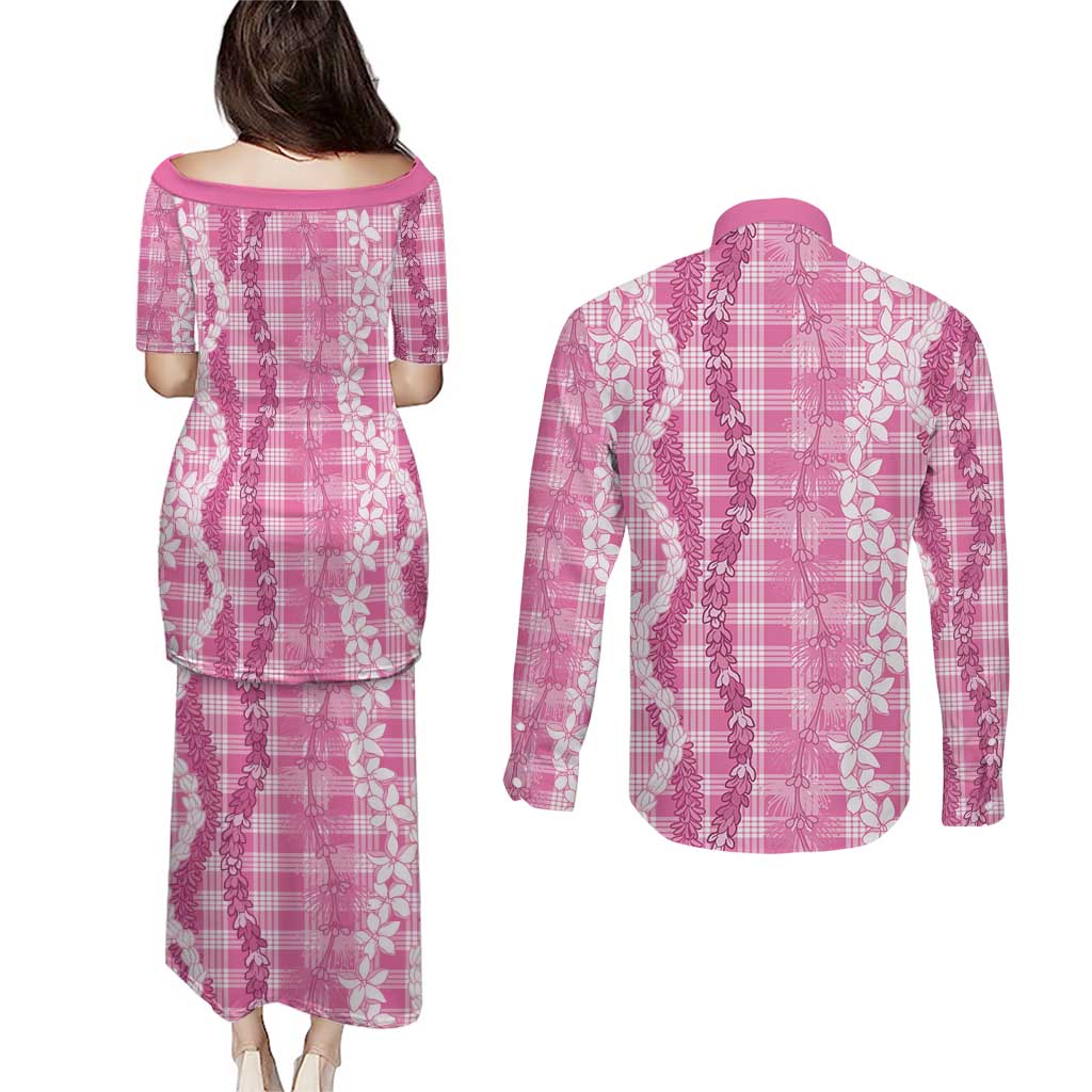 Hawaiian Ohia Lehua Lei Couples Matching Puletasi and Long Sleeve Button Shirt Plaid Palaka Akala Pattern LT9 - Polynesian Pride