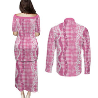 Hawaiian Ohia Lehua Lei Couples Matching Puletasi and Long Sleeve Button Shirt Plaid Palaka Akala Pattern LT9 - Polynesian Pride