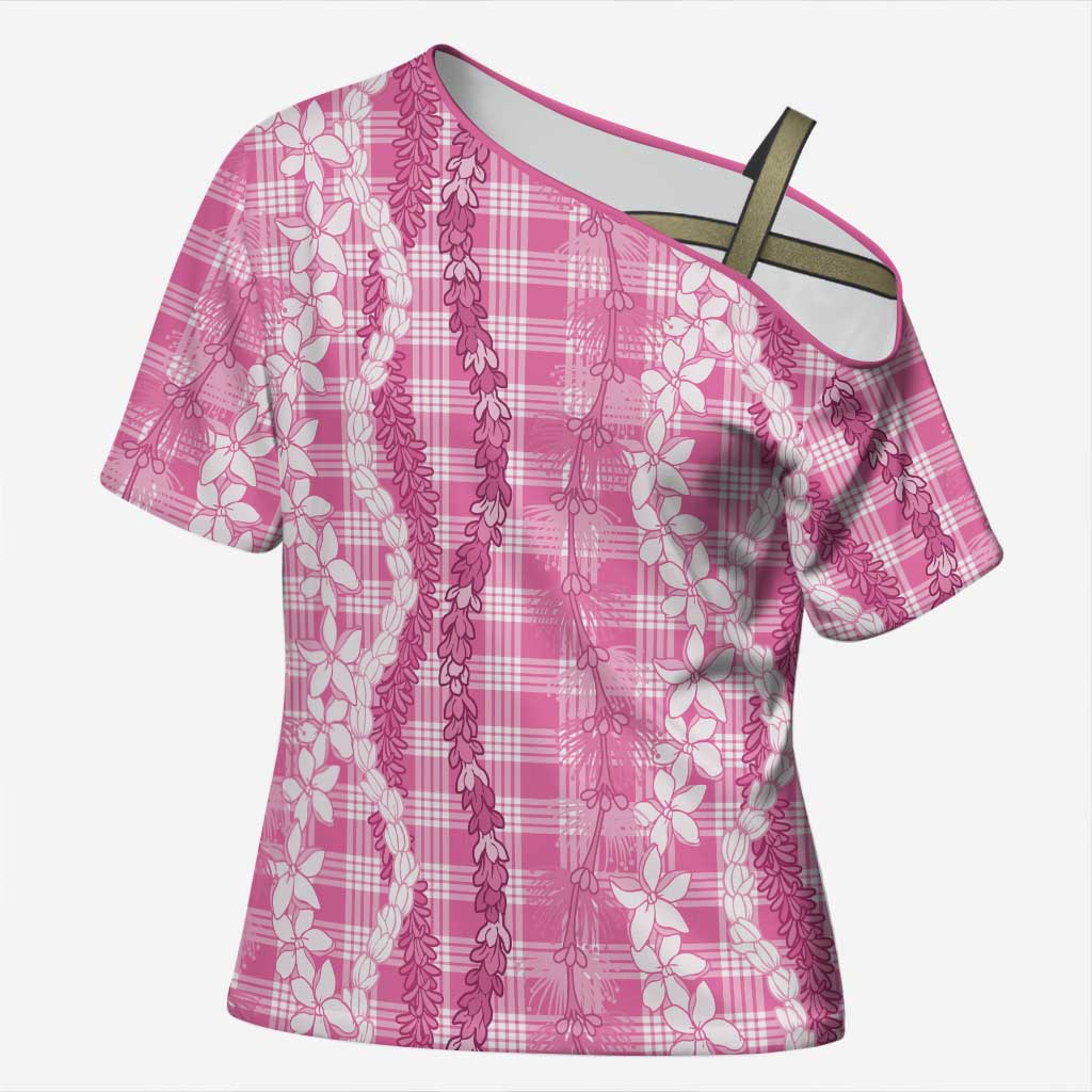Hawaiian Ohia Lehua Lei Cross Shoulder Shirt Plaid Palaka Akala Pattern LT9 Female Pink - Polynesian Pride