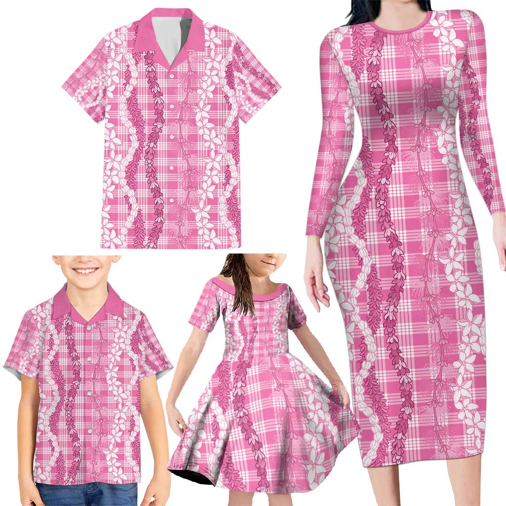 Hawaiian Ohia Lehua Lei Family Matching Long Sleeve Bodycon Dress and Hawaiian Shirt Plaid Palaka Akala Pattern - Polynesian Pride