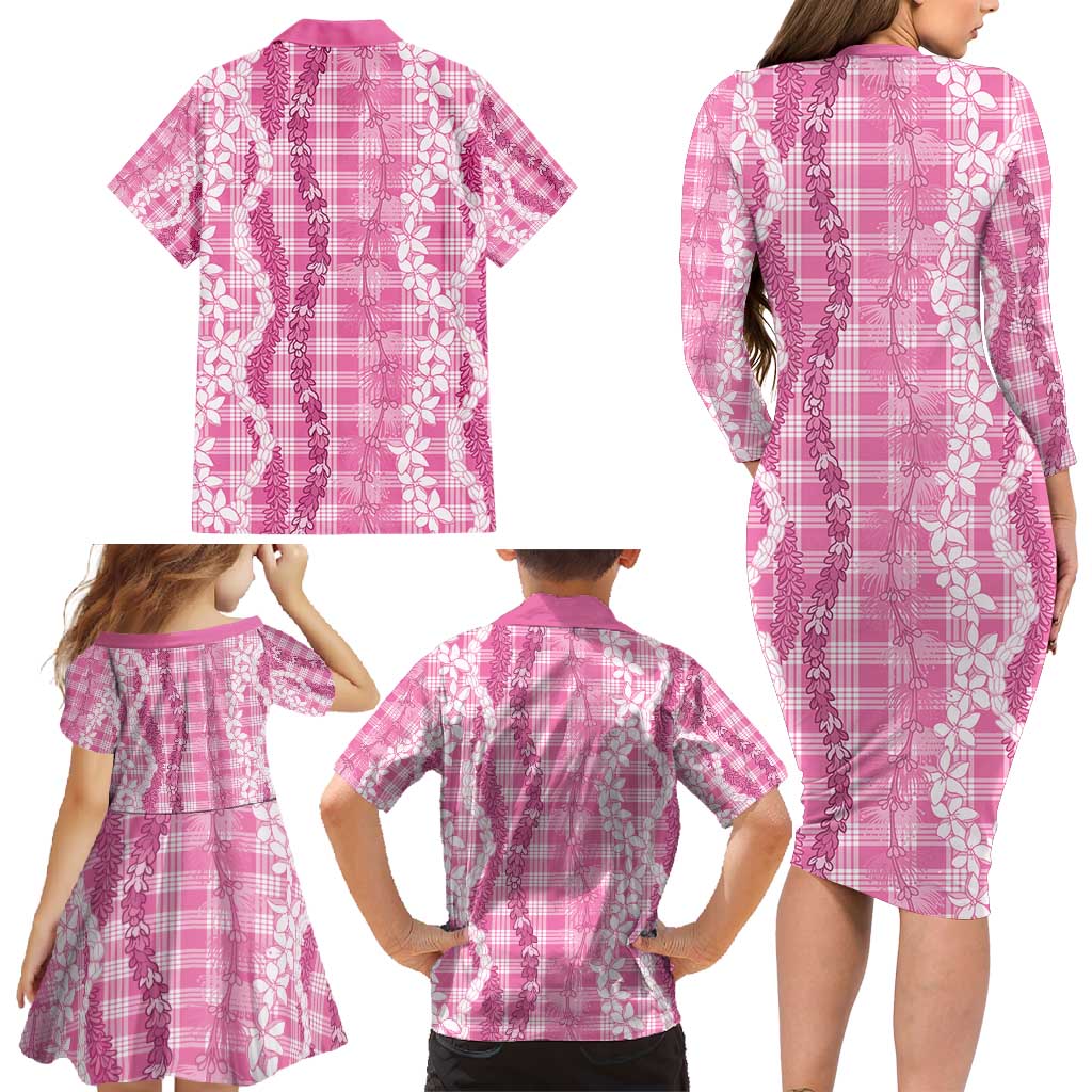 Hawaiian Ohia Lehua Lei Family Matching Long Sleeve Bodycon Dress and Hawaiian Shirt Plaid Palaka Akala Pattern - Polynesian Pride