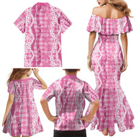 Hawaiian Ohia Lehua Lei Family Matching Mermaid Dress and Hawaiian Shirt Plaid Palaka Akala Pattern - Polynesian Pride