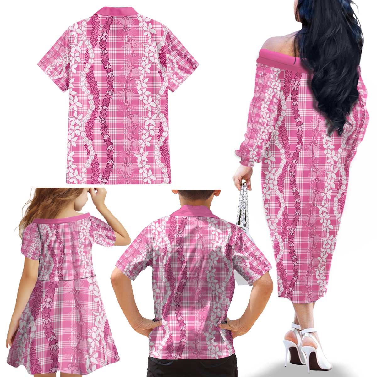 Hawaiian Ohia Lehua Lei Family Matching Off The Shoulder Long Sleeve Dress and Hawaiian Shirt Plaid Palaka Akala Pattern - Polynesian Pride