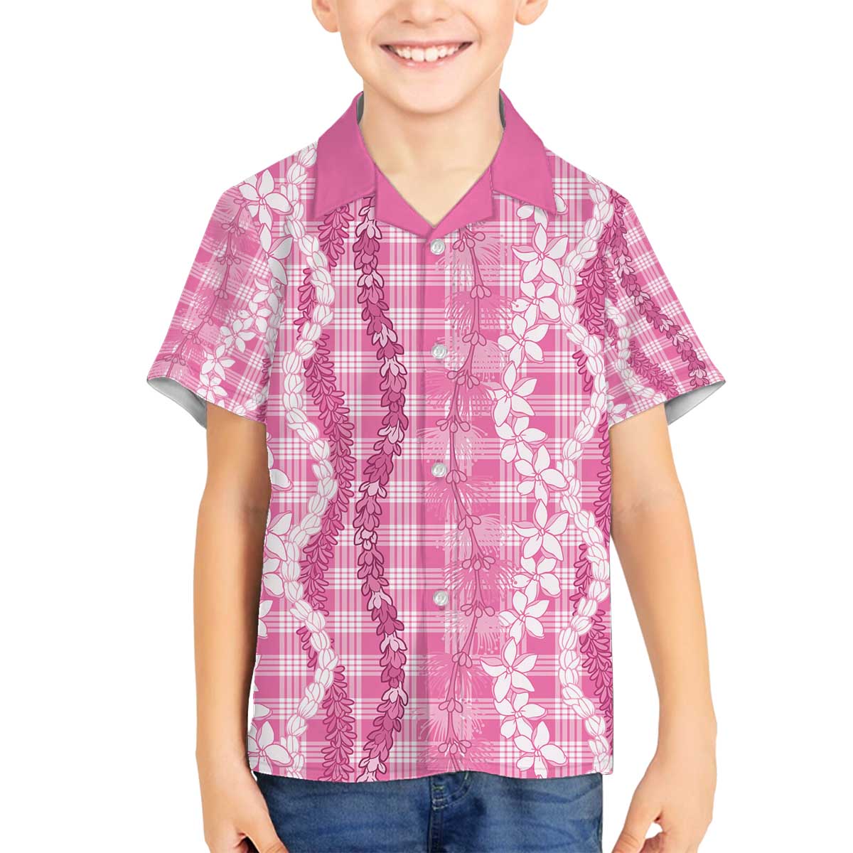 Hawaiian Ohia Lehua Lei Family Matching Off The Shoulder Long Sleeve Dress and Hawaiian Shirt Plaid Palaka Akala Pattern - Polynesian Pride