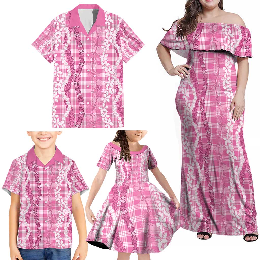 Hawaiian Ohia Lehua Lei Family Matching Off Shoulder Maxi Dress and Hawaiian Shirt Plaid Palaka Akala Pattern - Polynesian Pride