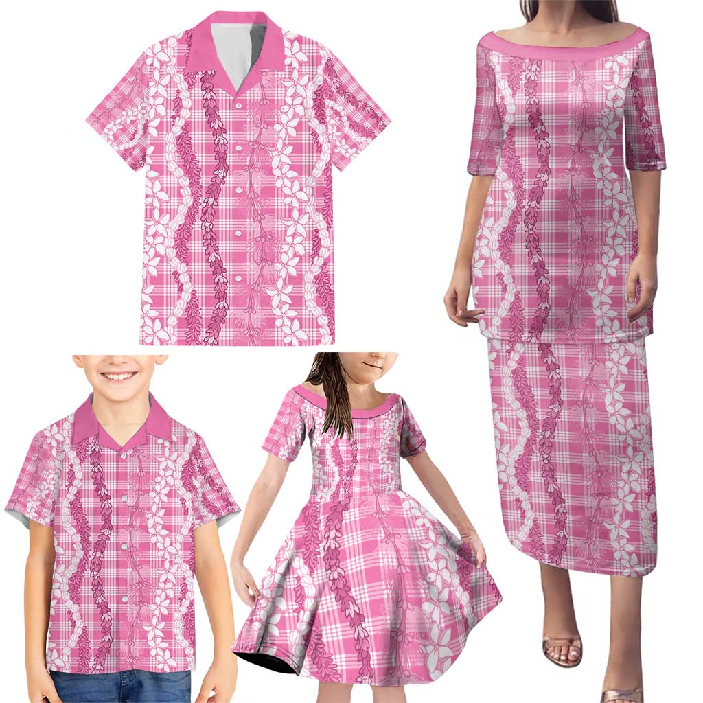 Hawaiian Ohia Lehua Lei Family Matching Puletasi and Hawaiian Shirt Plaid Palaka Akala Pattern - Polynesian Pride