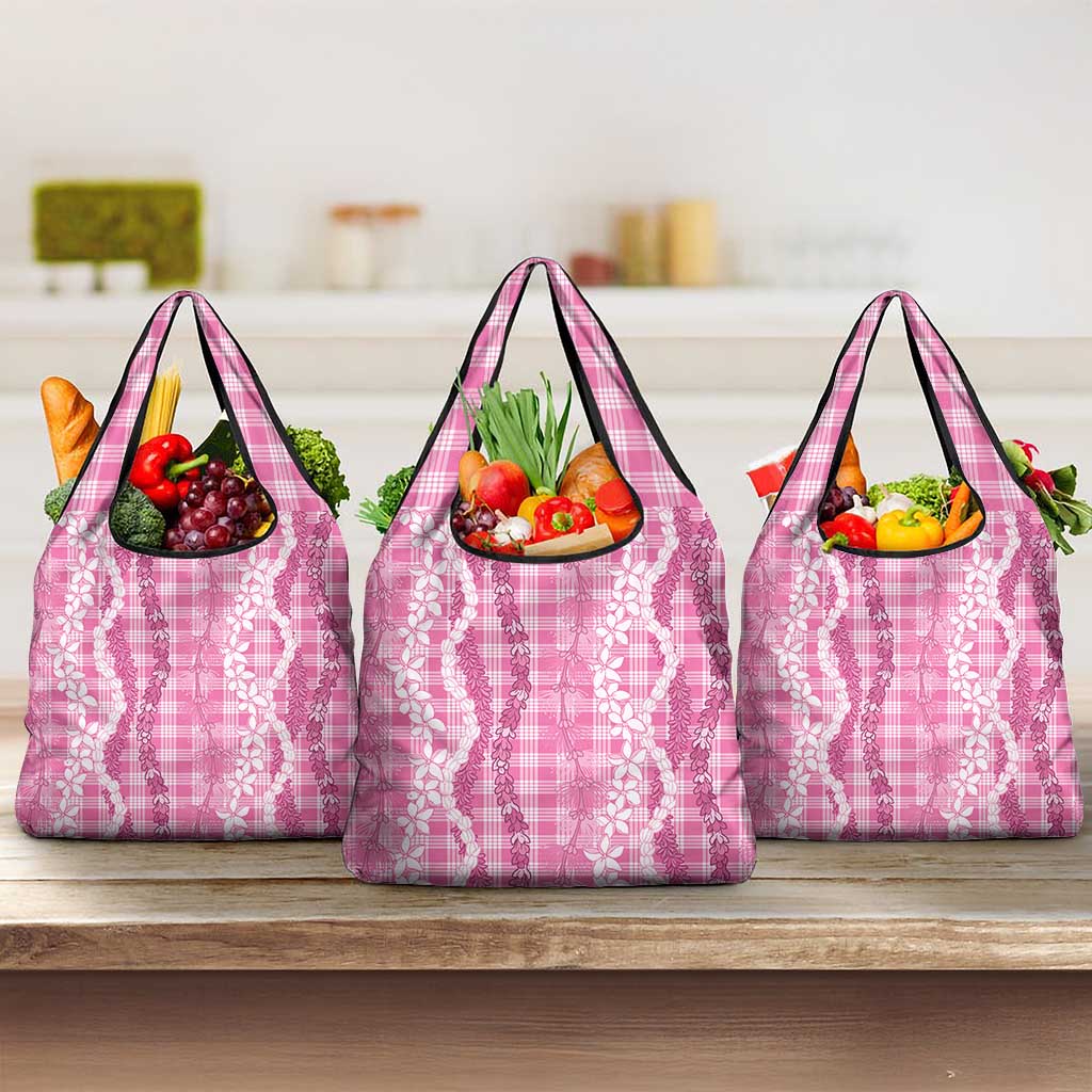 Hawaiian Ohia Lehua Lei Grocery Bag Plaid Palaka Akala Pattern LT9 3-pack One Size Pink - Polynesian Pride