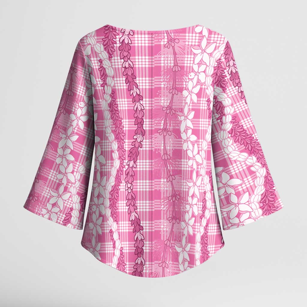 Hawaiian Ohia Lehua Lei Kimono Sleeve Blouse Plaid Palaka Akala Pattern LT9 - Polynesian Pride