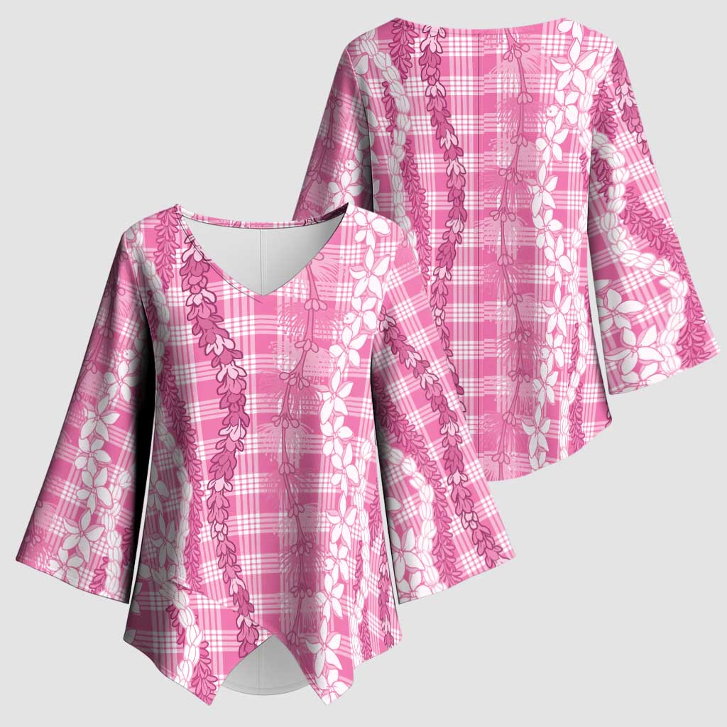 Hawaiian Ohia Lehua Lei Kimono Sleeve Blouse Plaid Palaka Akala Pattern LT9 - Polynesian Pride