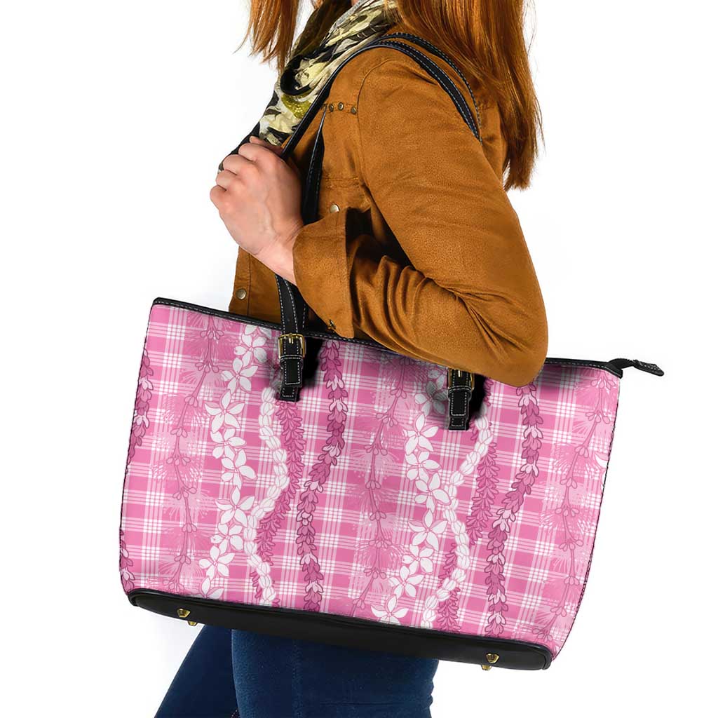 Hawaiian Ohia Lehua Lei Leather Tote Bag Plaid Palaka Akala Pattern LT9 Pink - Polynesian Pride