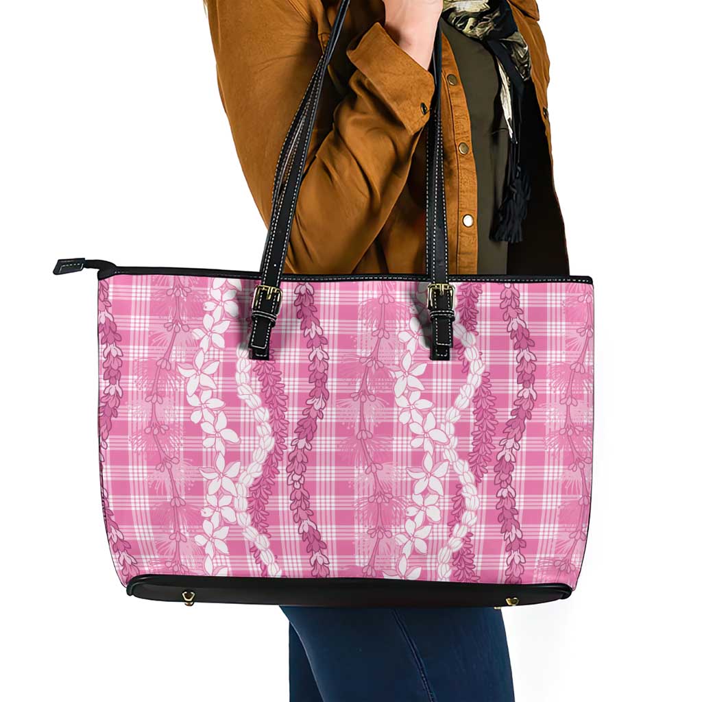 Hawaiian Ohia Lehua Lei Leather Tote Bag Plaid Palaka Akala Pattern LT9 - Polynesian Pride