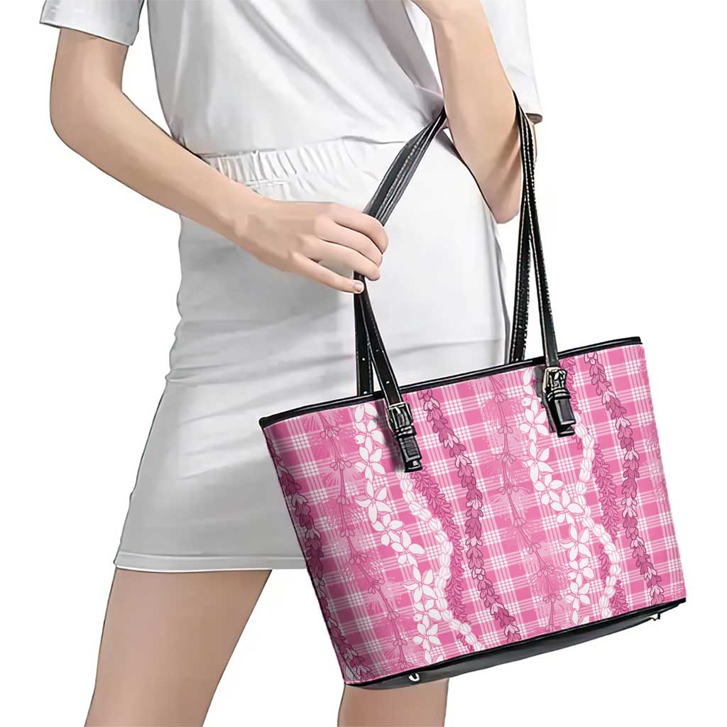 Hawaiian Ohia Lehua Lei Leather Tote Bag Plaid Palaka Akala Pattern LT9 - Polynesian Pride