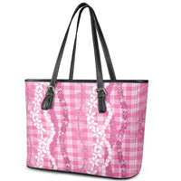 Hawaiian Ohia Lehua Lei Leather Tote Bag Plaid Palaka Akala Pattern LT9 - Polynesian Pride
