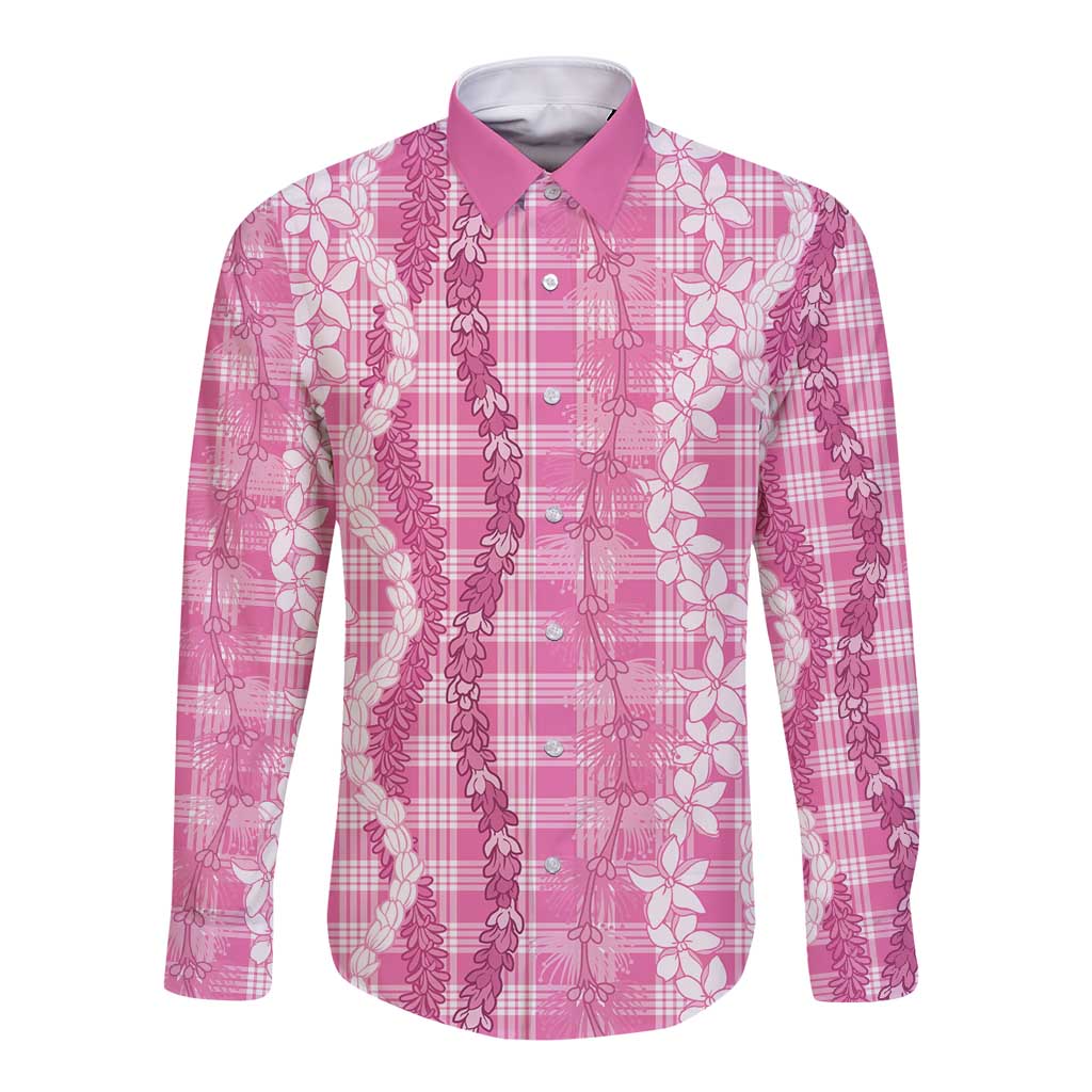 Hawaiian Ohia Lehua Lei Long Sleeve Button Shirt Plaid Palaka Akala Pattern LT9 Unisex Pink - Polynesian Pride