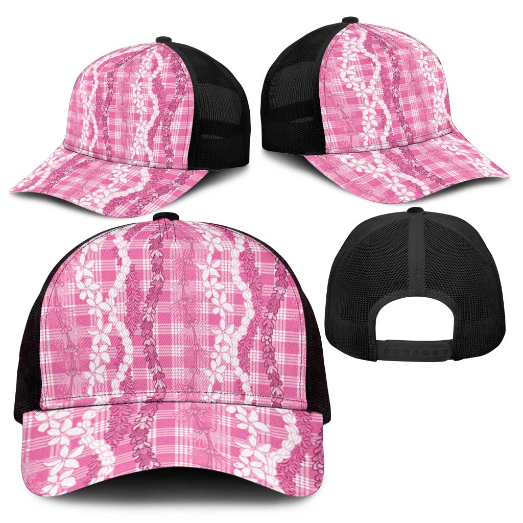 Hawaiian Ohia Lehua Lei Mesh Trucker Cap Plaid Palaka Akala Pattern - Polynesian Pride